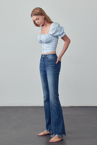 Frayed Hem Flare Jeans *Online Only* - Premium clothing at Lonnys NY - Just $80! Shop Womens clothing now 