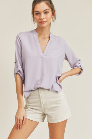 Roll Up Sleeve V Neck Top *Online Only* - Premium clothing at Lonnys NY - Just $38! Shop Womens clothing now 