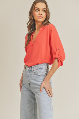 Roll Up Sleeve V Neck Top *Online Only* - Premium clothing at Lonnys NY - Just $38! Shop Womens clothing now 