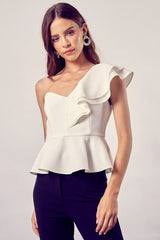 ONE SHOULDER RUFFLE PEPLUM TOP *Online Only* - Premium Shirts & Tops from Do + Be Collection - Just $58.43! Shop now at Lonnys NY