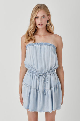 Raw Edge Detail Denim Tube Mini Dress  *Online Only* - Premium  at Lonnys NY - Just $63.25! Shop Womens clothing now 