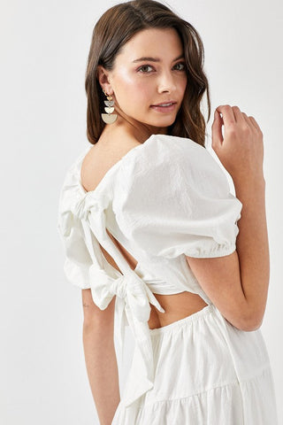 Puff Sleeve Back Double Tie Tiered Dress  *Online Only* - Premium  at Lonnys NY - Just $64.63! Shop Womens clothing now 