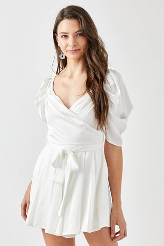 Pleated Puff Sleeve Overwrap Romper  *Online Only* - Premium  at Lonnys NY - Just $80! Shop Womens clothing now 