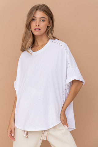 Studded Oversized High Low T Shirt  *Online Only* - Premium tops at Lonnys NY - Just $72! Shop Womens clothing now 