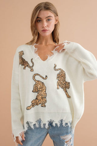 Frayed Edge Sequin Tiger Sweater *Online Only* - Premium  at Lonnys NY - Just $65! Shop Womens clothing now 