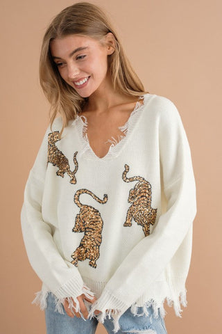 Frayed Edge Sequin Tiger Sweater *Online Only* - Premium  at Lonnys NY - Just $65! Shop Womens clothing now 