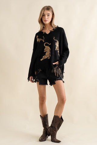 Frayed Edge Sequin Tiger Sweater *Online Only* - Premium  from Blue B - Just $65! Shop now 