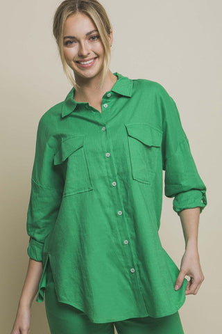 Linen Oversized Double Pocket Button Down Shirt - Premium  at Lonnys NY - Just $39! Shop Womens clothing now 