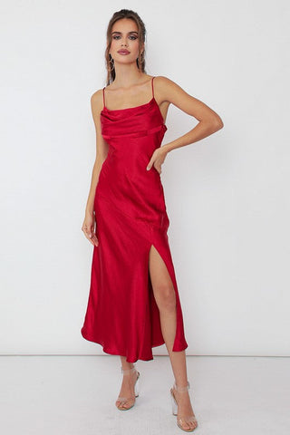 Satin Side Slit Midi Dress  *Online Only* - Premium  at Lonnys NY - Just $90! Shop Womens clothing now 