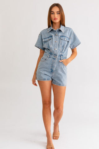 Short Sleeve Denim Romper  * Online Only* - Premium romper at Lonnys NY - Just $90! Shop Womens clothing now 