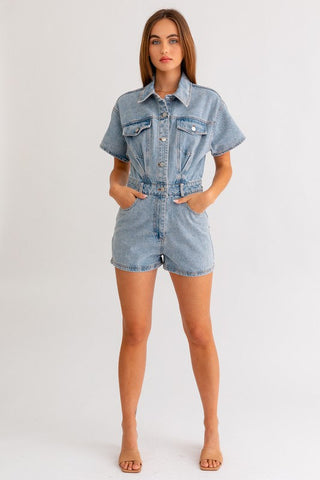 Short Sleeve Denim Romper  * Online Only* - Premium romper at Lonnys NY - Just $90! Shop Womens clothing now 