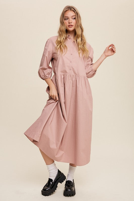 Button Front Puff Sleeve Baby doll Maxi Dress *Online Only*
