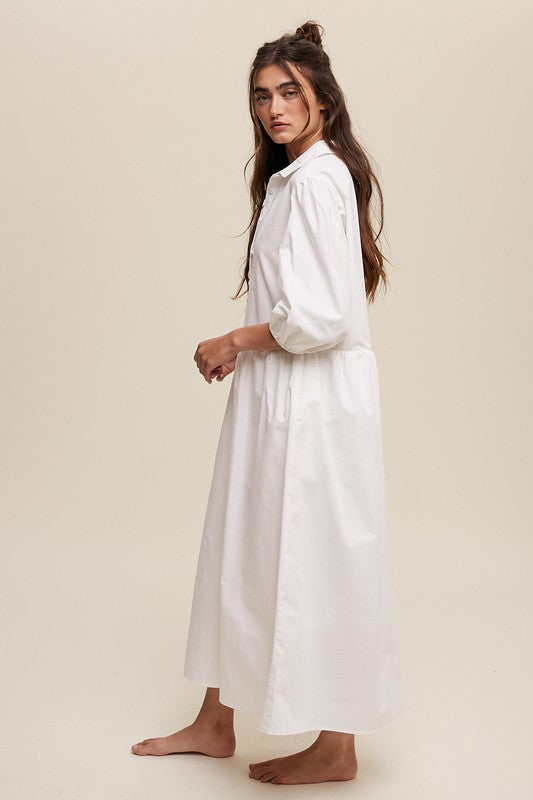 Button Front Puff Sleeve Baby doll Maxi Dress *Online Only*