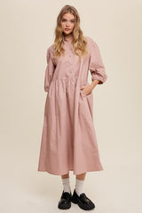 Button Front Puff Sleeve Baby doll Maxi Dress *Online Only*
