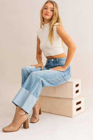 High-Waisted Wide Leg Cuffed Jeans *Online Only* - Premium  from LE LIS - Just $75! Shop now 