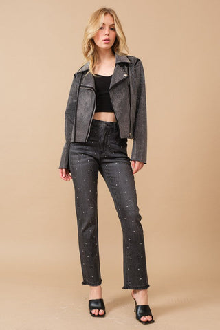 Crystal Studded Stretch Zip Up Moto Jacket *Online Only* - Premium  from Blue B - Just $130! Shop now 