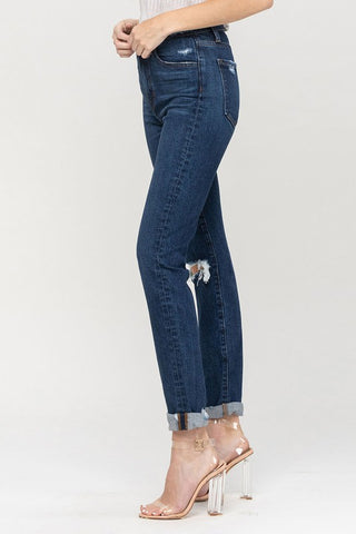 Distressed Roll Up Stretch Mom Jeans - Premium  from VERVET by Flying Monkey - Just $75! Shop now 
