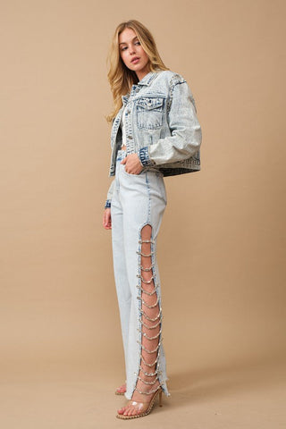 Cut Out At Side w/ Jewel Trim Stretch Denim Jeans - Premium  from Blue B - Just $111! Shop now at Lonnys NY