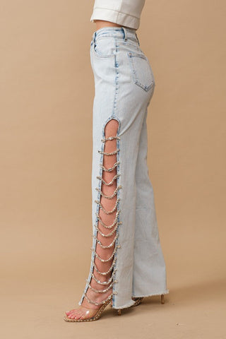 Cut Out At Side w/ Jewel Trim Stretch Denim Jeans *Online Only* - Premium  from Blue B - Just $111! Shop now at Lonnys NY