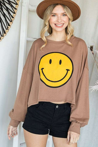 SMILEY FACE LONG SLEEVE CROP TOP *Online Only* - Premium  at Lonnys NY - Just $62! Shop Womens clothing now 