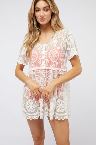 Crochet Round Neck Button Down Top  *Online Only* - Premium cover ups at Lonnys NY - Just $45! Shop Womens clothing now 