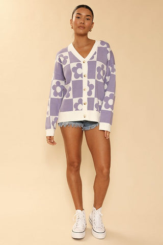 Checkered flower knit cardigan *Online Only* - Premium  at Lonnys NY - Just $64.68! Shop Womens clothing now 