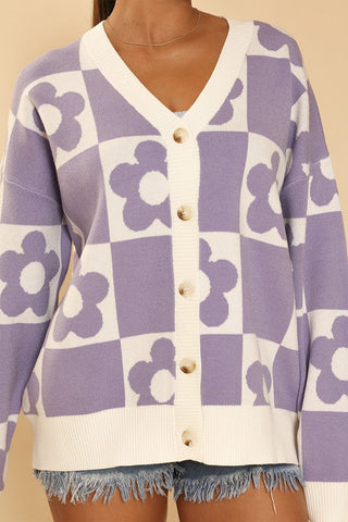 Checkered flower knit cardigan *Online Only* - Premium  at Lonnys NY - Just $64.68! Shop Womens clothing now 