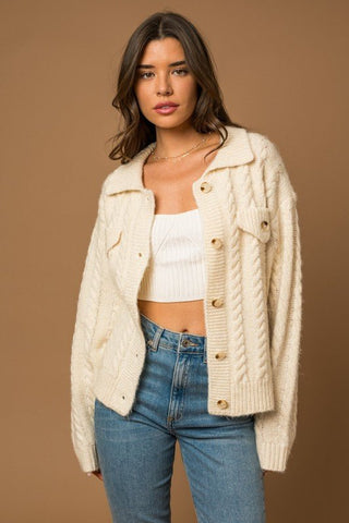 Collared Cable Sweater Cardigan * Online Only* - Premium  at Lonnys NY - Just $75.48! Shop Womens clothing now 