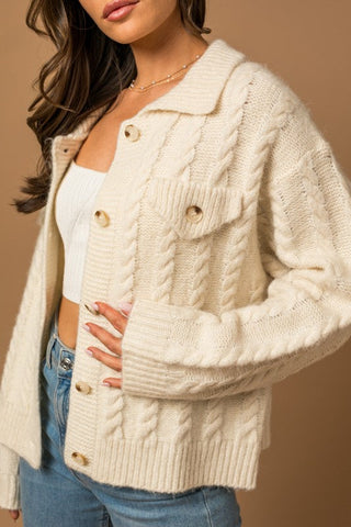 Collared Cable Sweater Cardigan * Online Only* - Premium  at Lonnys NY - Just $75.48! Shop Womens clothing now 