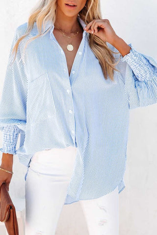 Striped Smocked Oversized Shirt *Online Only* - Premium Shirts & Tops at Lonnys NY - Just $67! Shop Womens clothing now 