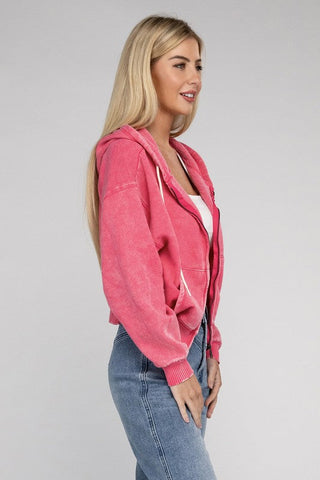 Acid Wash Fleece Cropped Zip-Up Hoodie *Online Only* - Premium sweatshirt from ZENANA - Just $48! Shop now at Lonnys NY