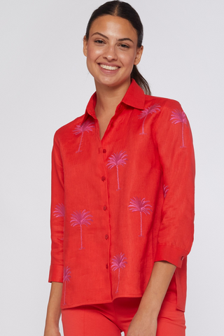 Vilagallo Sara Embellished Coral Linen Top - Premium Shirts & Tops from Vilagallo - Just $195! Shop now 