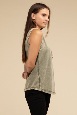 Half-Button Raw Edge Sleeveless Henley Top *Online Only* - Premium tank top at Lonnys NY - Just $37! Shop Womens clothing now 