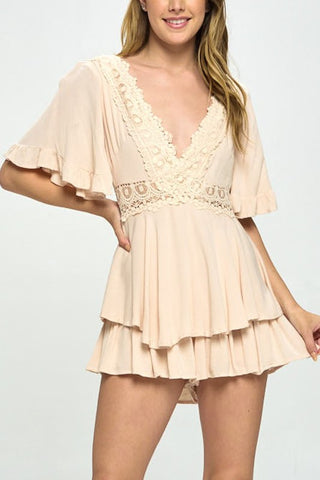 Flutter Sleev Romper with Crochet Trim *Online Only* - Premium romper at Lonnys NY - Just $75.50! Shop Womens clothing now 