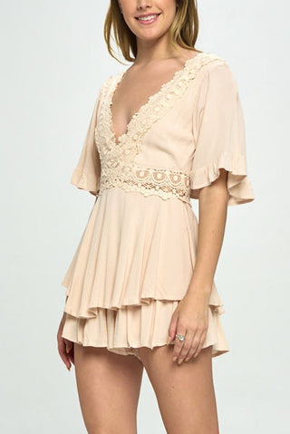 Flutter Sleev Romper with Crochet Trim *Online Only* - Premium romper at Lonnys NY - Just $75.50! Shop Womens clothing now 