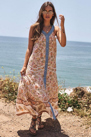 Floral Border Printed V-Neck Sleeveless Maxi Dress *Online Only* - Premium  at Lonnys NY - Just $90! Shop Womens clothing now 