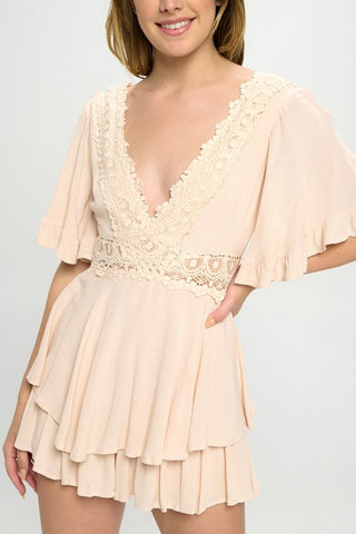 Flutter Sleev Romper with Crochet Trim *Online Only* - Premium romper at Lonnys NY - Just $75.50! Shop Womens clothing now 