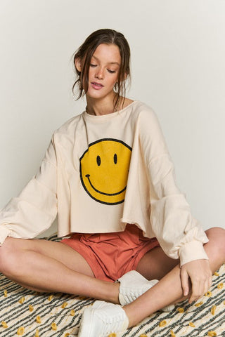 SMILEY FACE LONG SLEEVE CROP TOP *Online Only* - Premium  at Lonnys NY - Just $62! Shop Womens clothing now 