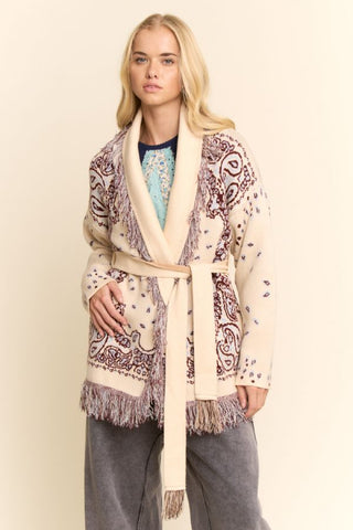 61 Jane Bandana Print Belted Fringe Cardigan