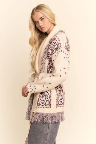 61 Jane Bandana Print Belted Fringe Cardigan