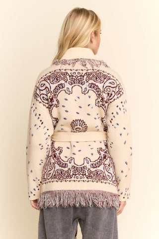 61 Jane Bandana Print Belted Fringe Cardigan