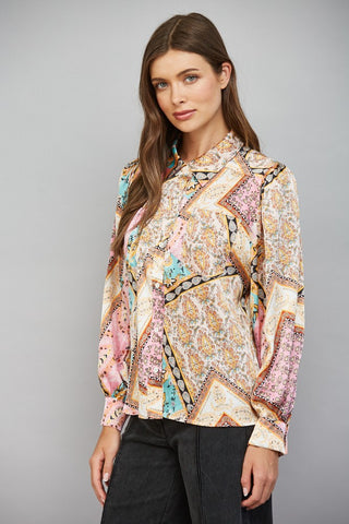 61 Jane Patchwork Printed Button Up Blouse