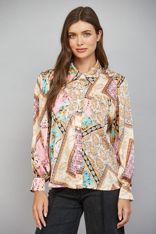61 Jane Patchwork Printed Button Up Blouse