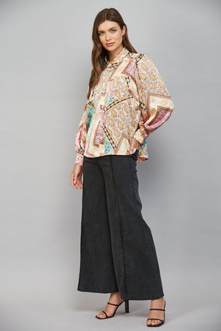 61 Jane Patchwork Printed Button Up Blouse