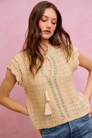 61 Jane Tassel Tie Embroidered Top