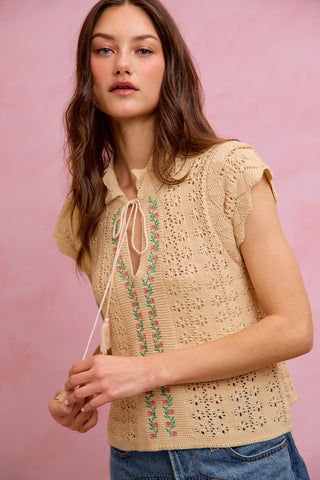 61 Jane Tassel Tie Embroidered Top