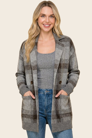 61 Jane Tailor Collar Checker Heavy Sweater Cardigan