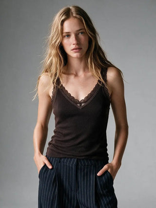 61 Jane Ribbed Lace Trim V Neck Tank Top
