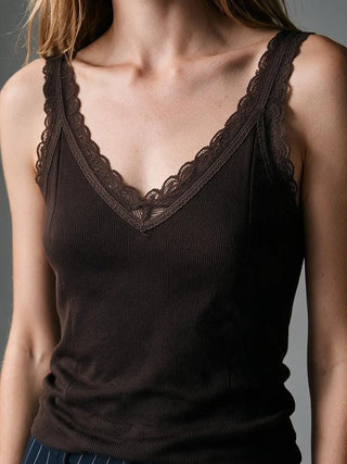 61 Jane Ribbed Lace Trim V Neck Tank Top