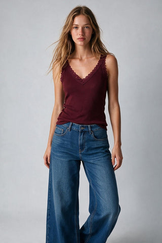61 Jane Ribbed Lace Trim V Neck Tank Top
